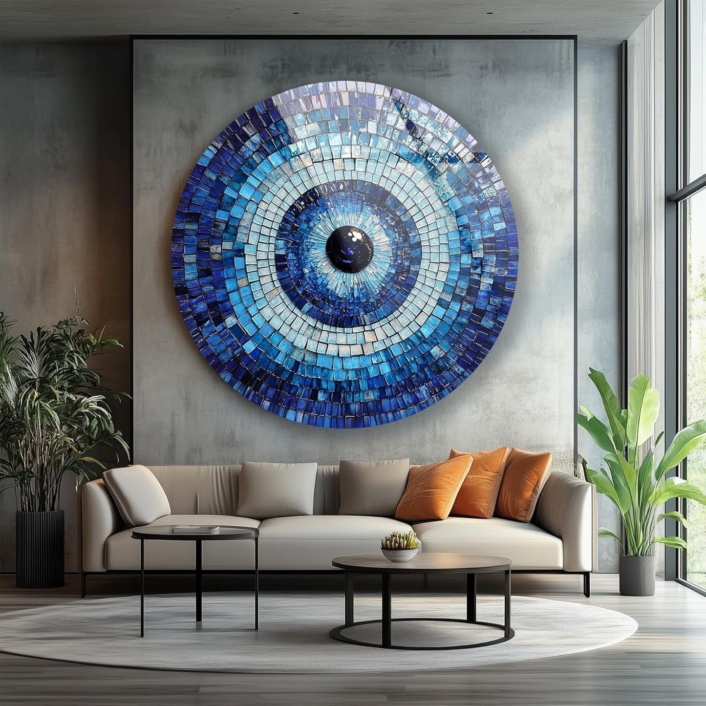 My Photostation.com 24''(60cm) Diameter Blue Mosaic Evil Eye Round Glass Wall Art Tempered Glass Printing Wall Decor Large Wall Art Wall Hangings