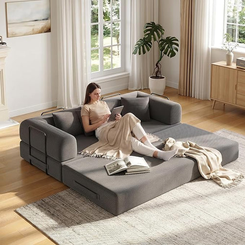 79in Convertible Sofa Bed, Corduroy Boneless Couch Bed, Futon Sleeper Sofa Pull by Unknown