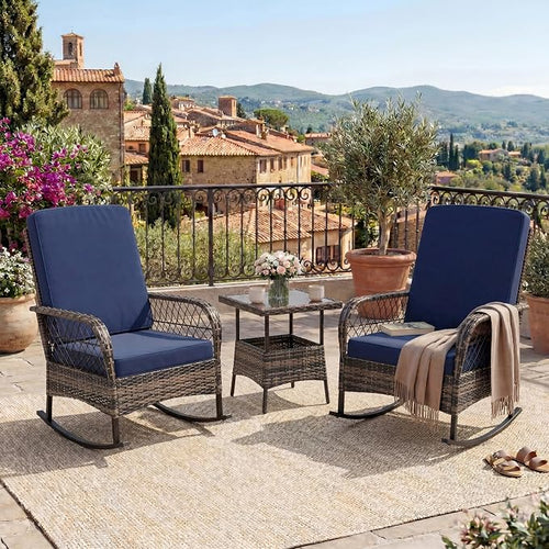3 pcs Outdoor Rocking Bistro Set, Wicker Rocking Bistro Set by Garvee