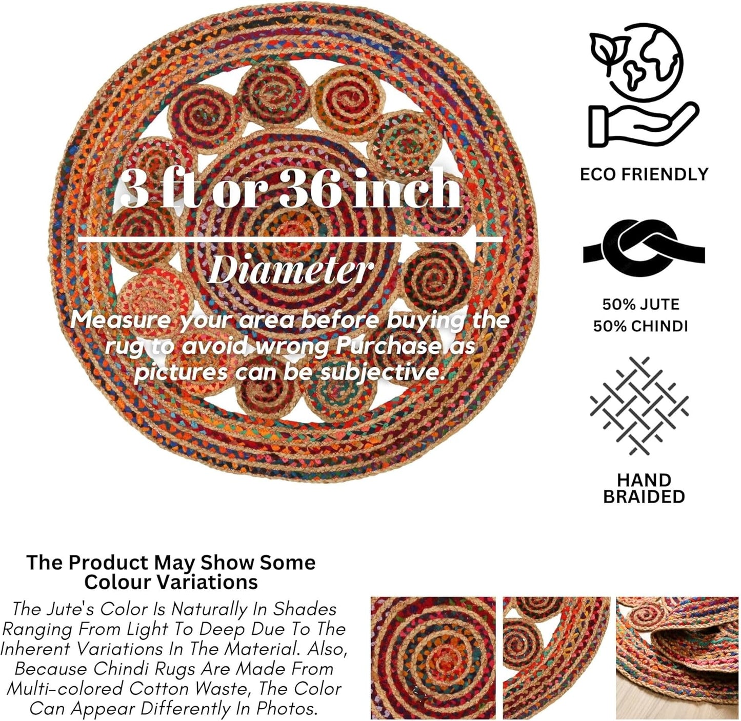 3' Round Handwoven Jute Chindi Area Rug - Colorful Boho Rugs for Living Room - Hand Braided Multicolor Bohemian Rug for Farmhouse, Bedroom, Dining Room, Classroom, Hallway, Kitchen, Office