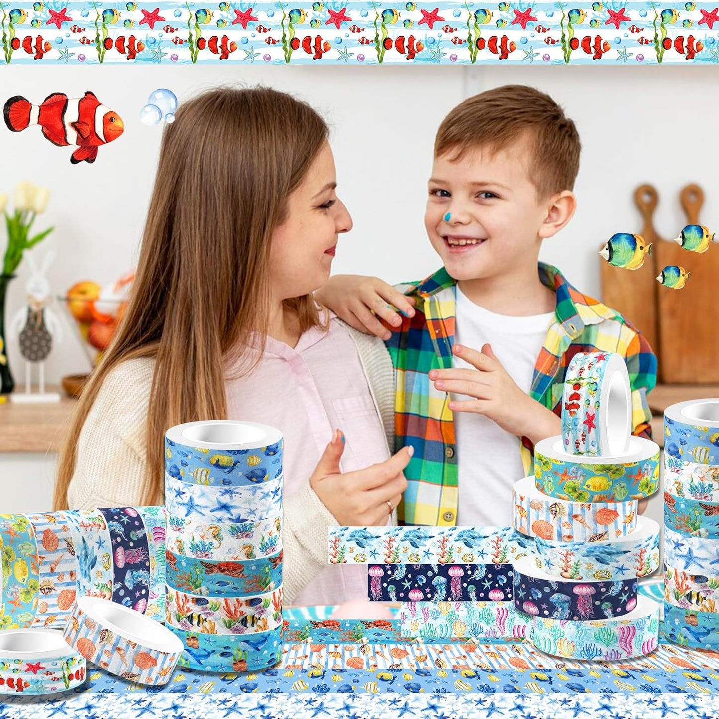 Ocean Washi Tape Set 12 Rolls,Decorative Tape Washi Tape,Tropical Style Sea Animals Ocean Party Decorative Tape Sticker for Scrapbook Journal DIY Art Crafts Gift Wrapping