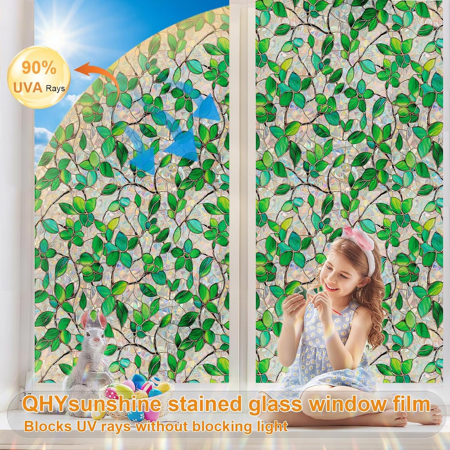 Window Privacy Film Stain Glass Window Film Rainbow Window Film Window clings Non-Adhesive Reusable Decorative for Room (Green Rainbow, 45.2 X 157.4 in)