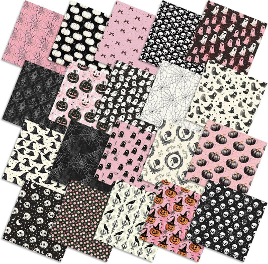 Ganeen 60 Pcs 10 x 10 Inch Pink Halloween Quilting Fabric Squares Vintage Pink Ghost Fat Patchwork Precut Strips Retro Pumpkin Skull Fabric Bundles for Holiday DIY Craft Sewing Quilt Material Handmade