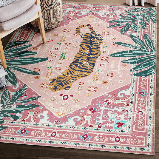 Washable Pink Rugs Boho Vintage Tropical Jungle 5x7 Area Rugs Jungle Oriental Carpet for Bedroom Kitchen Dining Living Room Office Distressed Indoor Cute Nursery Rug