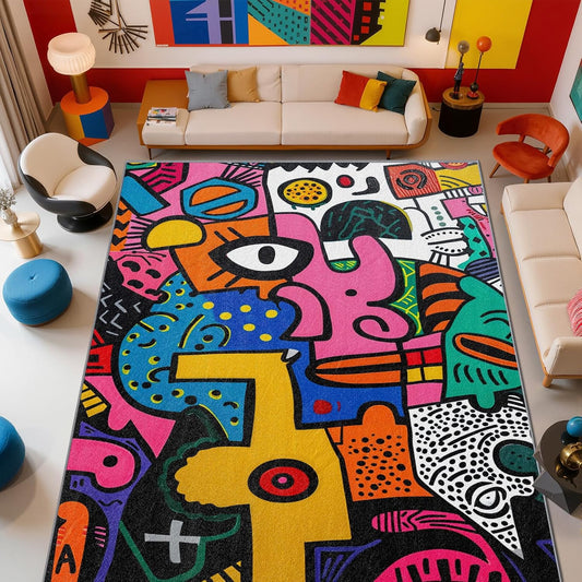 Colorful Living Room Rug - Abstract Rug, 7x9 Area Rugs, Pop Art Graffiti Multicolor Washable Foldable Large Carpet Home Decor