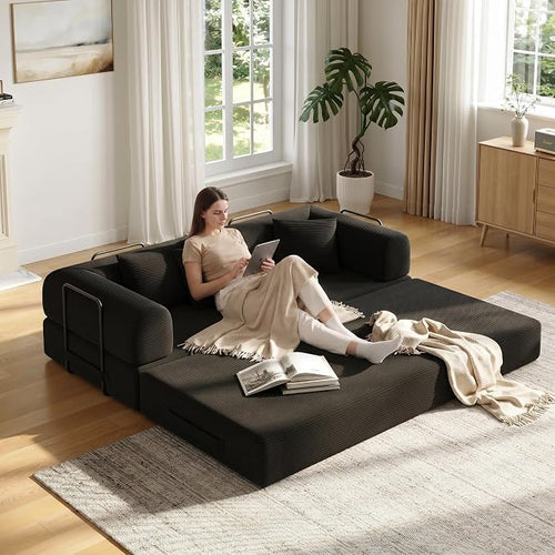 79in Convertible Sofa Bed, Corduroy Boneless Couch Bed, Futon Sleeper Sofa Pull by Unknown