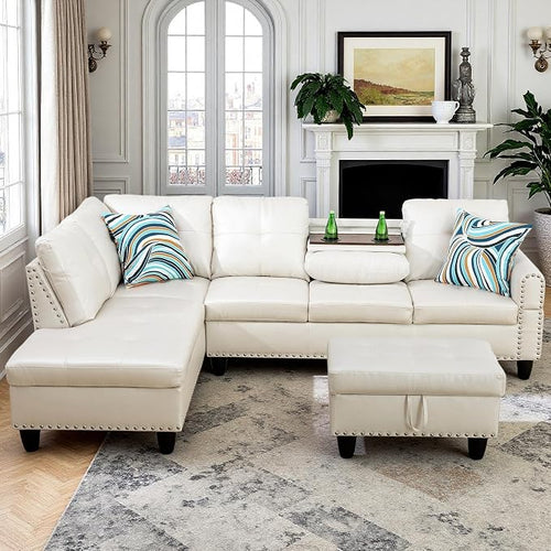 97.5" White L Shaped Couch Set Leather, Modular Sectional Couches by Topcomfy
