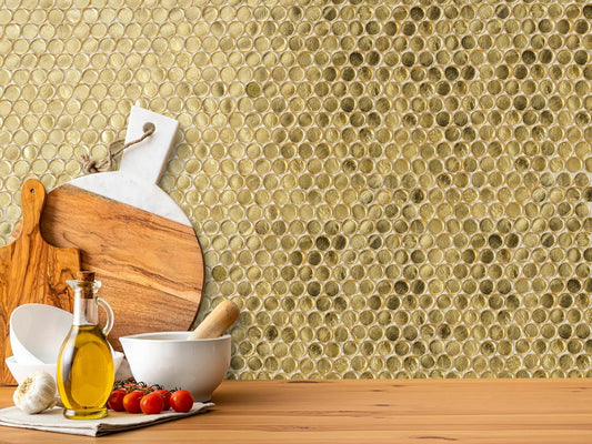 1.03 sq ft/Piece Pack of 1,Glossy Gold Glass Penny Round Mosaic Tiles – 12.2" x 12.2" Mesh-Mounted Sheets, Not Peel & Stick - Kitchen Backsplash, Shower Wall, Bathroom, Fireplace, Interior Decor