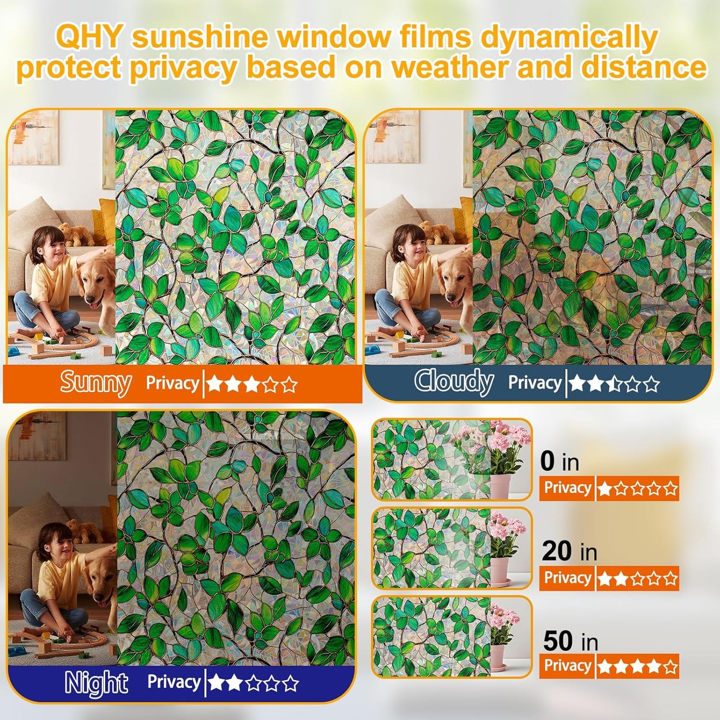 Window Privacy Film Stain Glass Window Film Rainbow Window Film Window clings Non-Adhesive Reusable Decorative for Room (Green Rainbow, 45.2 X 157.4 in)