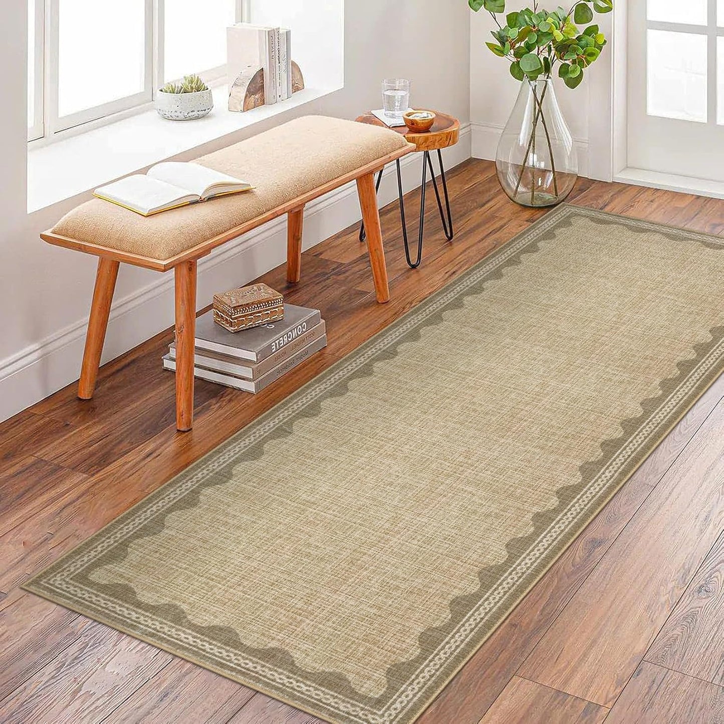 Scalloped Rug 2x6 Runners for Hallways, Digital Solid Jute Runner Rug Non Slip Scalloped Bath Runner, Washable Rugs for Bedroom Girls, Rugs for Kitchen Floor Soft Dorm Nursery Carpet