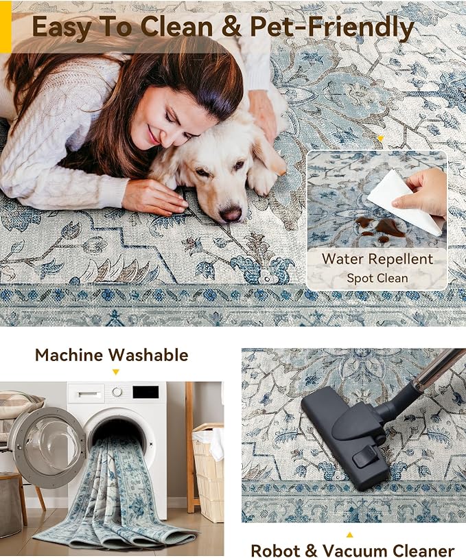 RELEANY Area Rugs Square 6ft Washable Non-Slip, Floral Vintage Distress Print - Image 3