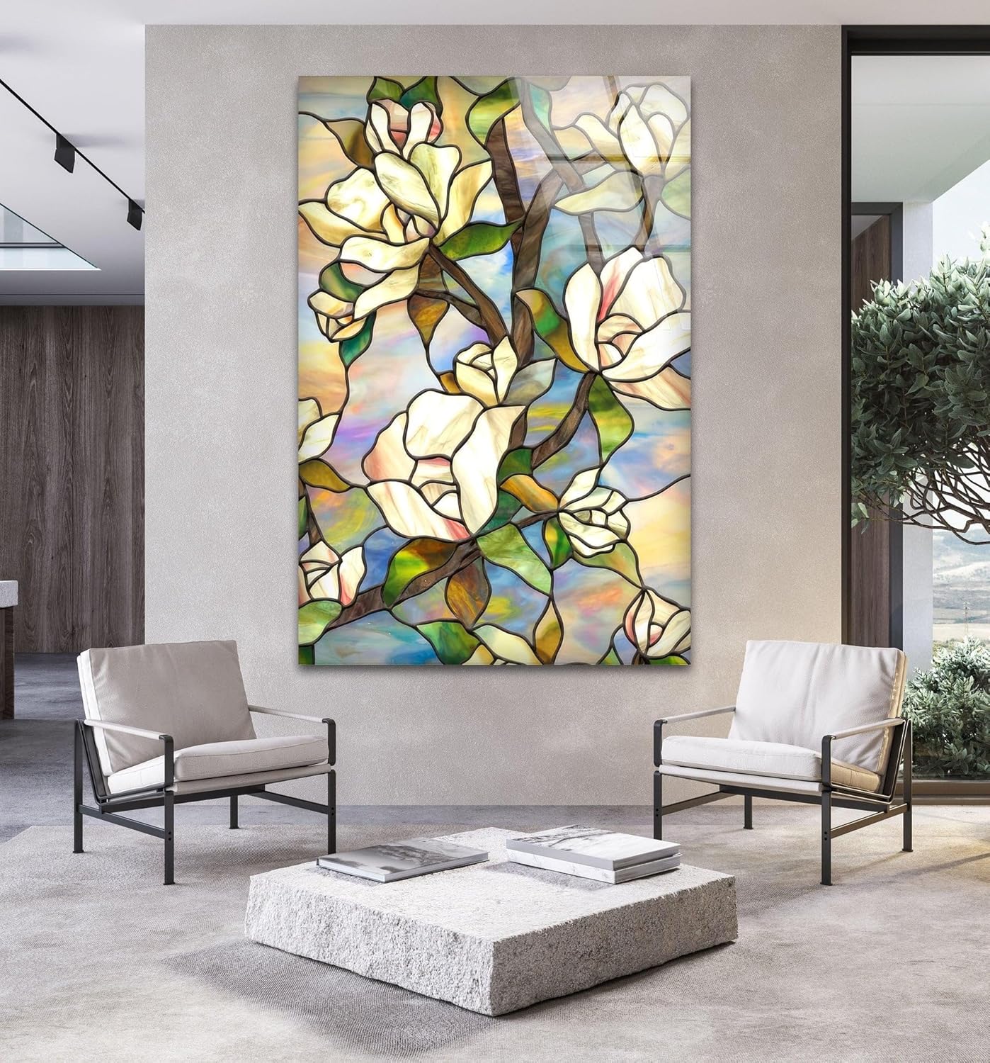 My Photostation.com 27Wx43H'' Stained Magnolia Glass Wall Art Tempered Glass Printing Wall Decor Large Wall Art Wall Hangings