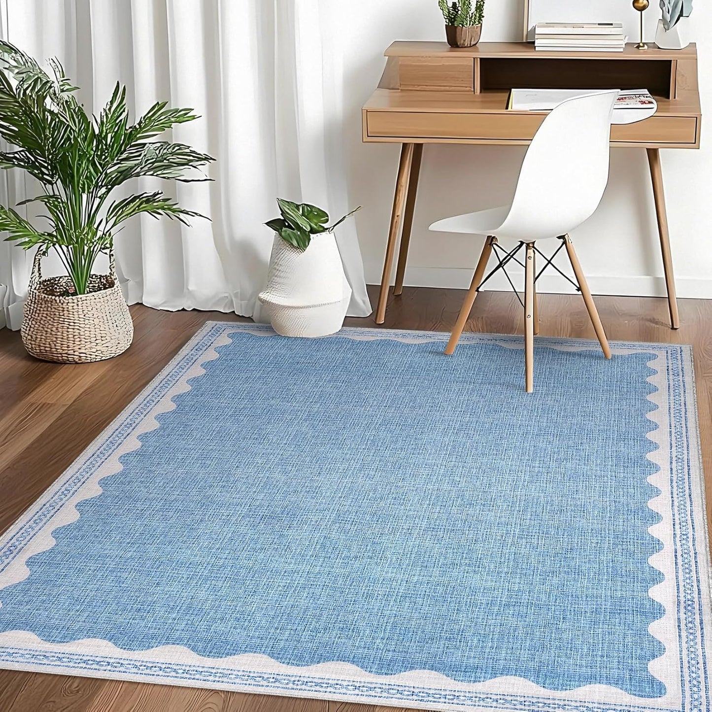 Scalloped Washable Rug 5x7 Area Rugs for Living Room, Solid Blue Rug for Bedroom Girls, Non Slip Scalloped Rugs Throw Mat with Rubber Back, Soft Dorm Nursery Low Pile Carpet for Dining Room