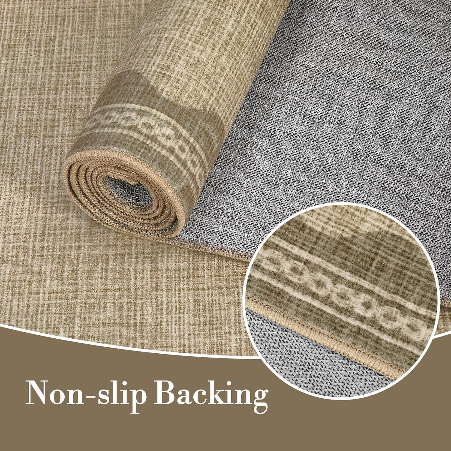 Scalloped Washable Rug 5x7 Area Rugs for Living Room, Solid Tan Rug for Bedroom Girls, Non Slip Scalloped Throw Mat with Rubber Back, Soft Dorm Nursery Low Pile Carpet for Dining Room