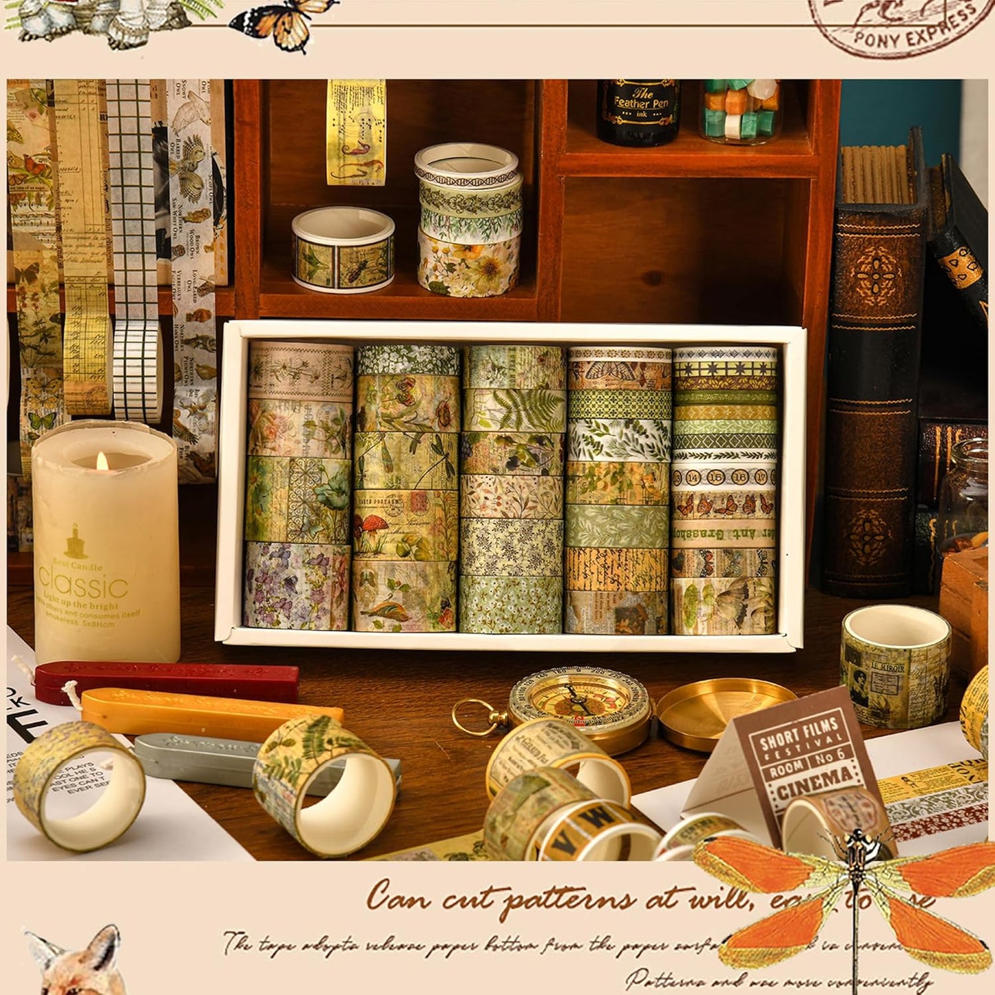 36 Rolls Vintage Washi Tape Pack Retro Arts Adhesive Tapes Wide Chronicle Decorative Masking Tape Sets for Craft, Kids, Scrapbook, DIY, Gift Wrapping (Forest Praise)