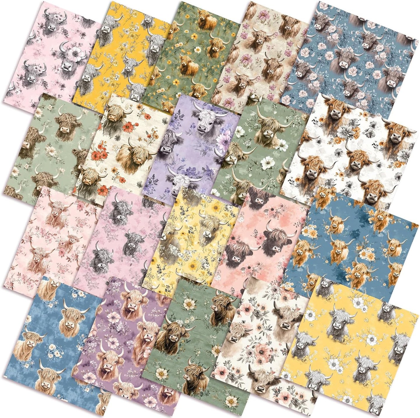 Ganeen 60 Pcs 10 x 10 Inch Highland Cow Quilting Fabric Squares Vintage Highland Cow Fat Patchwork Precut Strips Retro Multicolor Fabric Bundles for Holiday DIY Craft Sewing Quilt Material Handmade