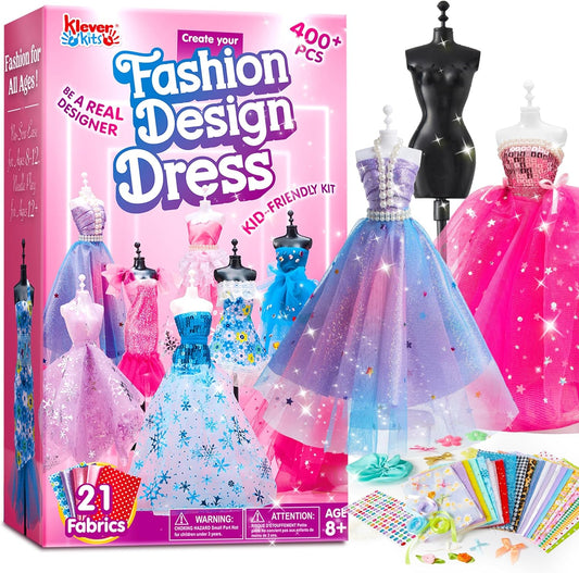 Klever Kits 400+PCS Fashion Design Crafts for Kids, Art and Crafts, DIY Sewing Kits with 3 Mannequins for Girls Aged 8-12, Birthday Presents, Toys for Kids