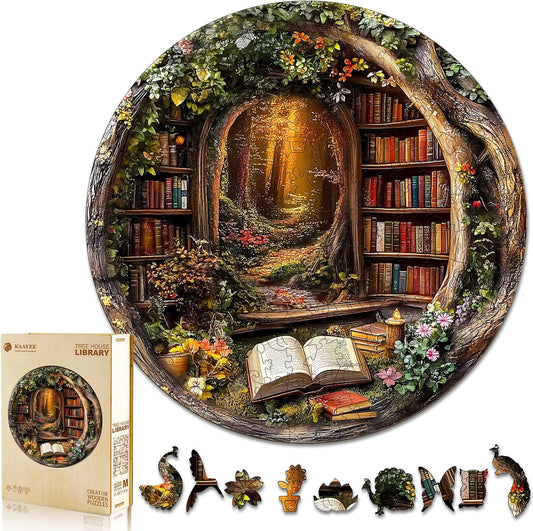 KAAYEE Wooden Puzzles for Adults, 3D Visual Effect Tree House Library Wooden Jigsaw Puzzle Unique Shape Wood Puzzle Adult, 3D Effect Flat Puzzle Birthday Family Games (L-13.4 * 13.4 in-295pcs)
