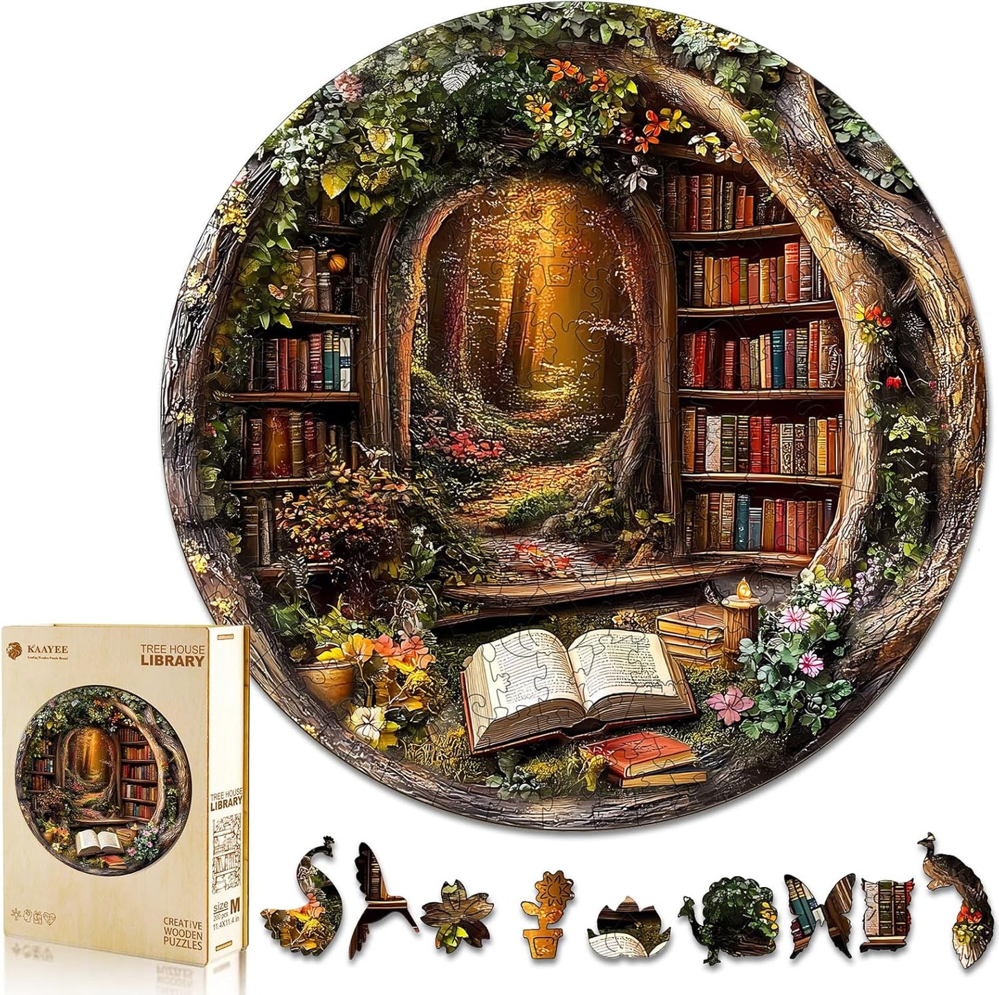 KAAYEE Wooden Puzzles for Adults, 3D Visual Effect Tree House Library Wooden Jigsaw Puzzle Unique Shape Wood Puzzle Adult, 3D Effect Flat Puzzle Birthday Family Games (S-8.5 * 8.5 in-100pcs)