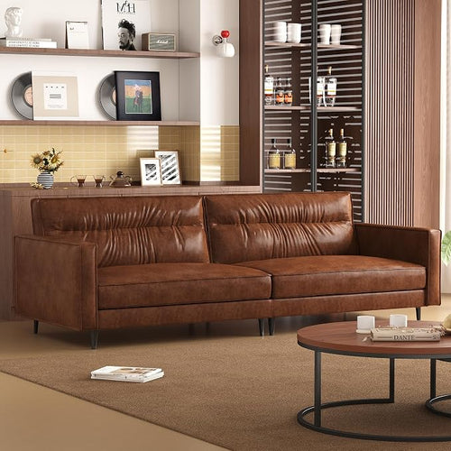 86.61" Mid-Century 3-Seater Brown Leather Sofa, Vintage Modern Couch by Unknown