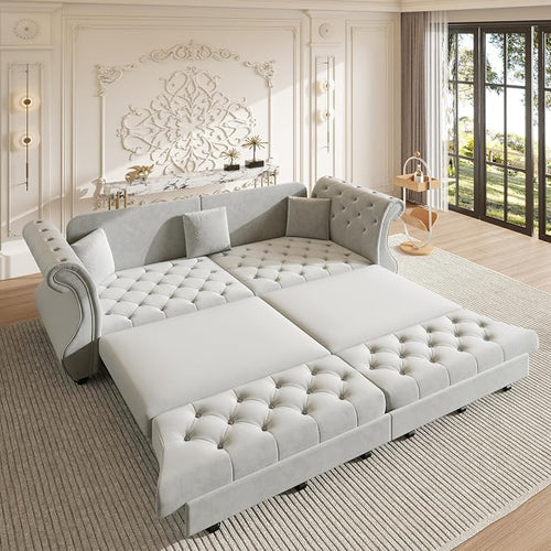 97.6" Oversized Pull Out Sofa Bed, Chesterfield Velvet Sleeper Sofa Couch by Unknown