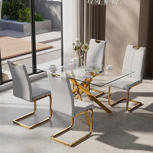 5-Piece Dining Table Set for 4, Modern Rectangular Glass Table by KATBOCFurniture