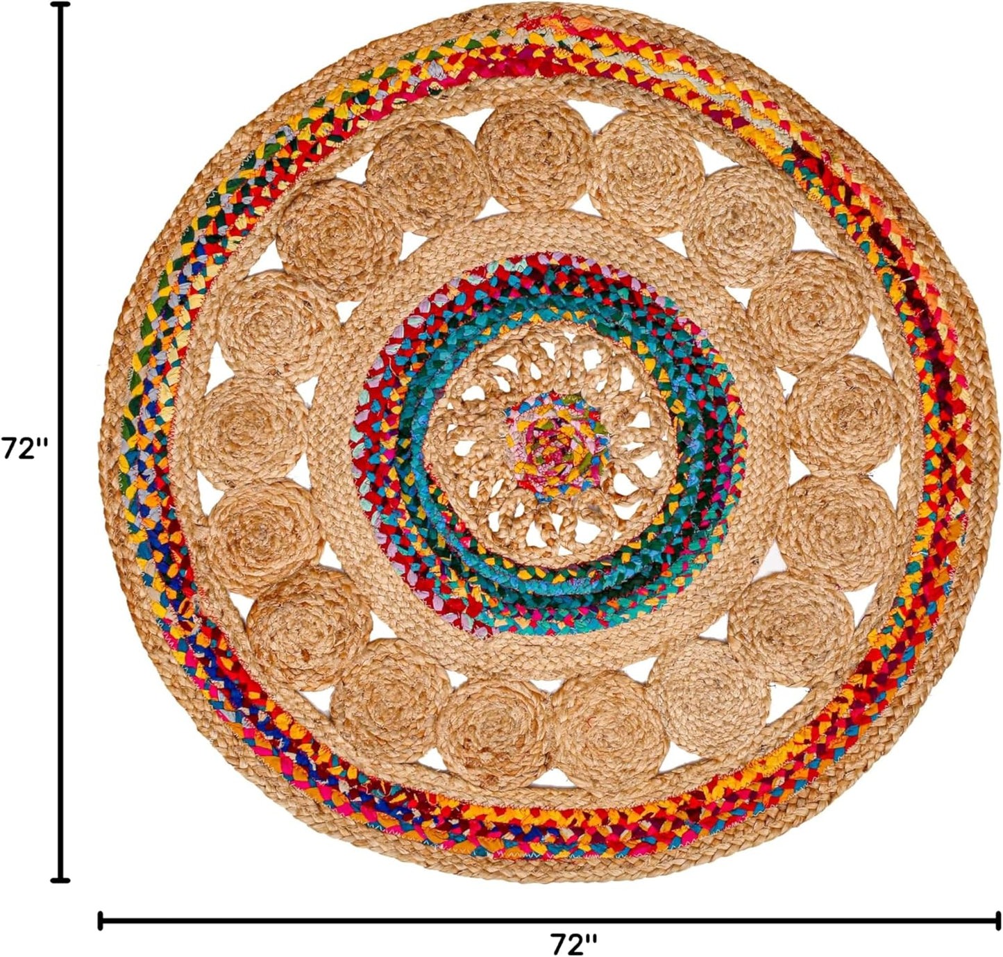 6' Round Handwoven Jute Chindi Area Rug - Colorful Boho Rugs for Living Room - Hand Braided Multicolor Bohemian Rug for Farmhouse, Bedroom, Dining Room, Classroom, Hallway, Kitchen, Office
