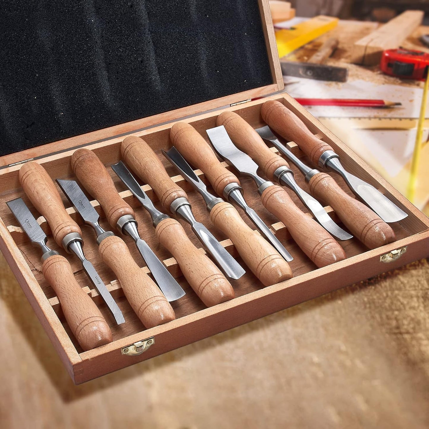 SELFIE CAT 12 Piece Wood Chisel Set for Woodworking Tools Wood Carving Tools with Wooden Case Wood Carving Kit for Beginners and Professionals