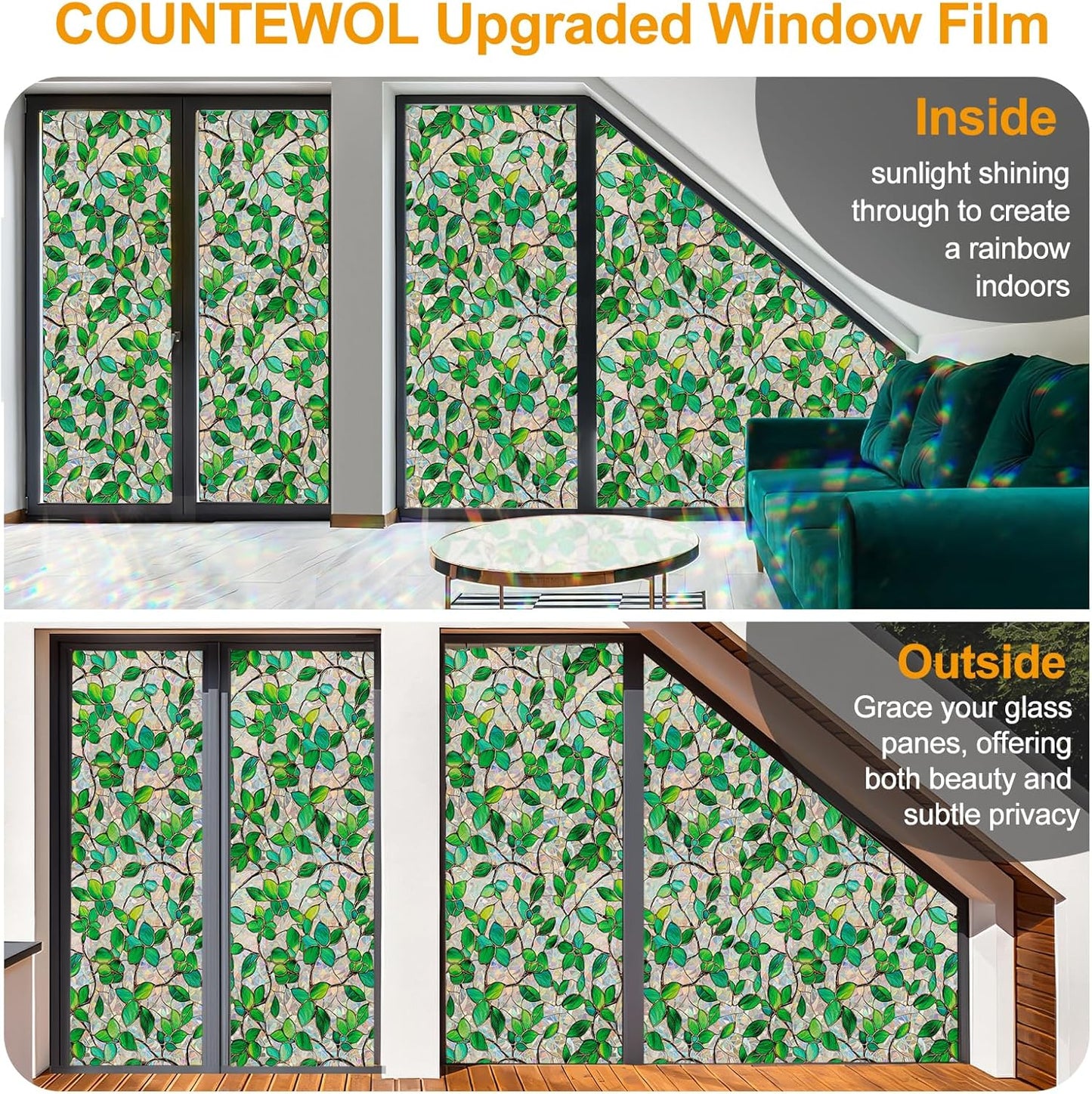 Window Privacy Film Stain Glass Window Film Rainbow Window Film Window clings Non-Adhesive Reusable Decorative for Room (Greenery Leaf, 17.5 x 78.7 in)