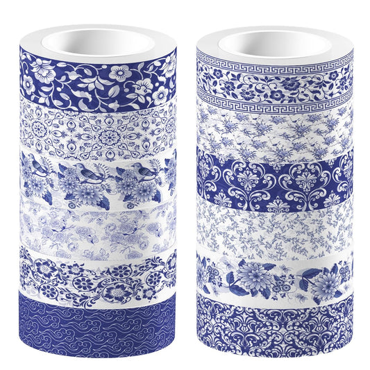 12 Pcs blue and white porcelain Washi Tape Maple Leaf Print Masking Tape Pumpkin Pattern Decorative Paper Sticker for Fall Party Holiday Scrapbook DIY Craft Gift Wrapping Handbook Sticker