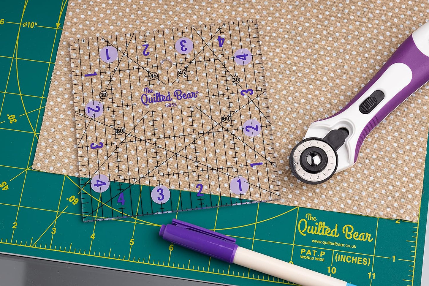The Quilted Bear Quilting Rulers - Transparent Acrylic Non Slip Quilting, Patchwork & Sewing Ruler with Clear Black Lines & 30, 45 & 60 Degree Angles for Perfect Accuracy & Precision (3.5" x 3.5")