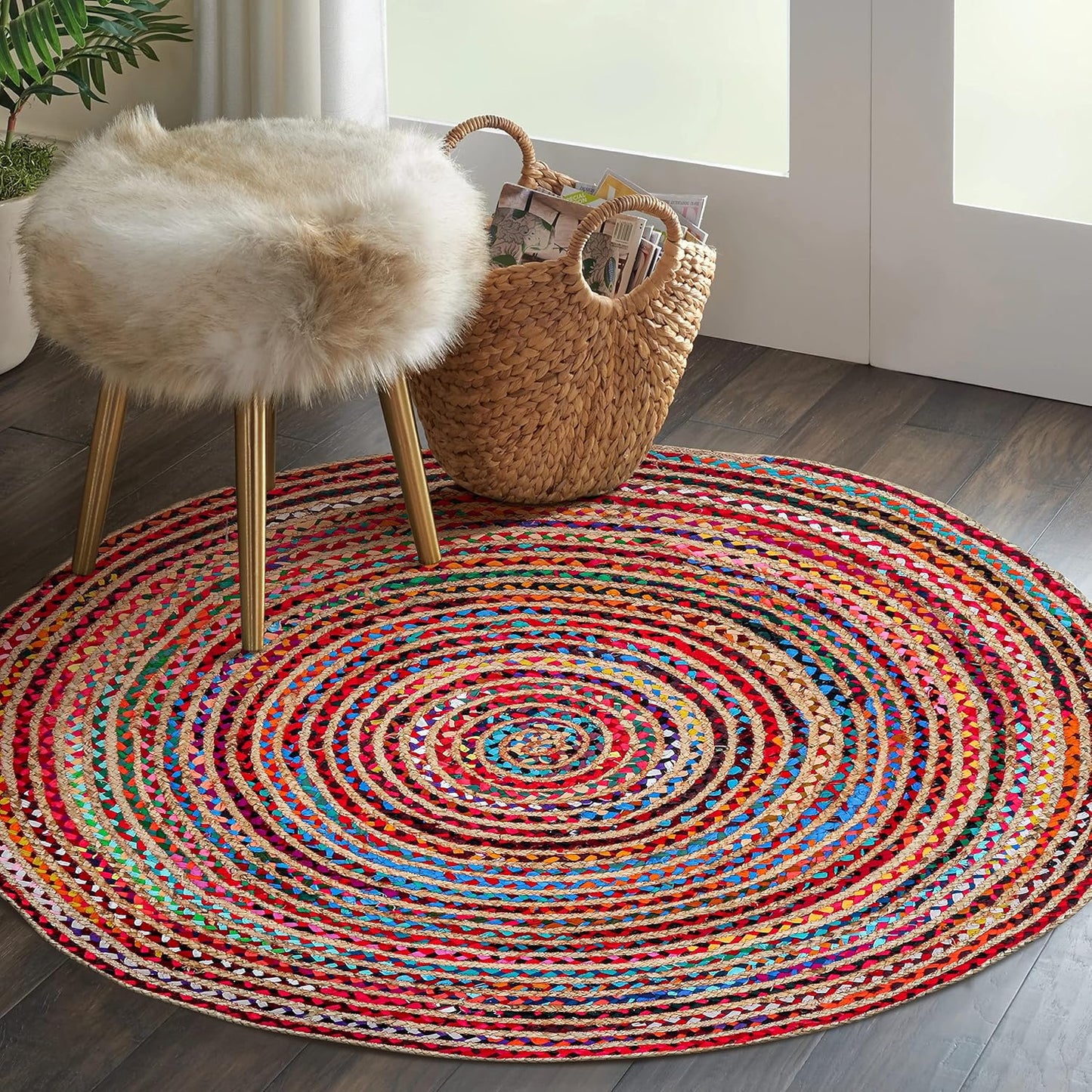 5' Round Handwoven Jute Chindi Area Rug - Colorful Round Boho Rugs for Living Room - Hand Braided Multicolor Bohemian Rug for Farmhouse, Bedroom, Dining Room, Classroom, Hallway, Kitchen