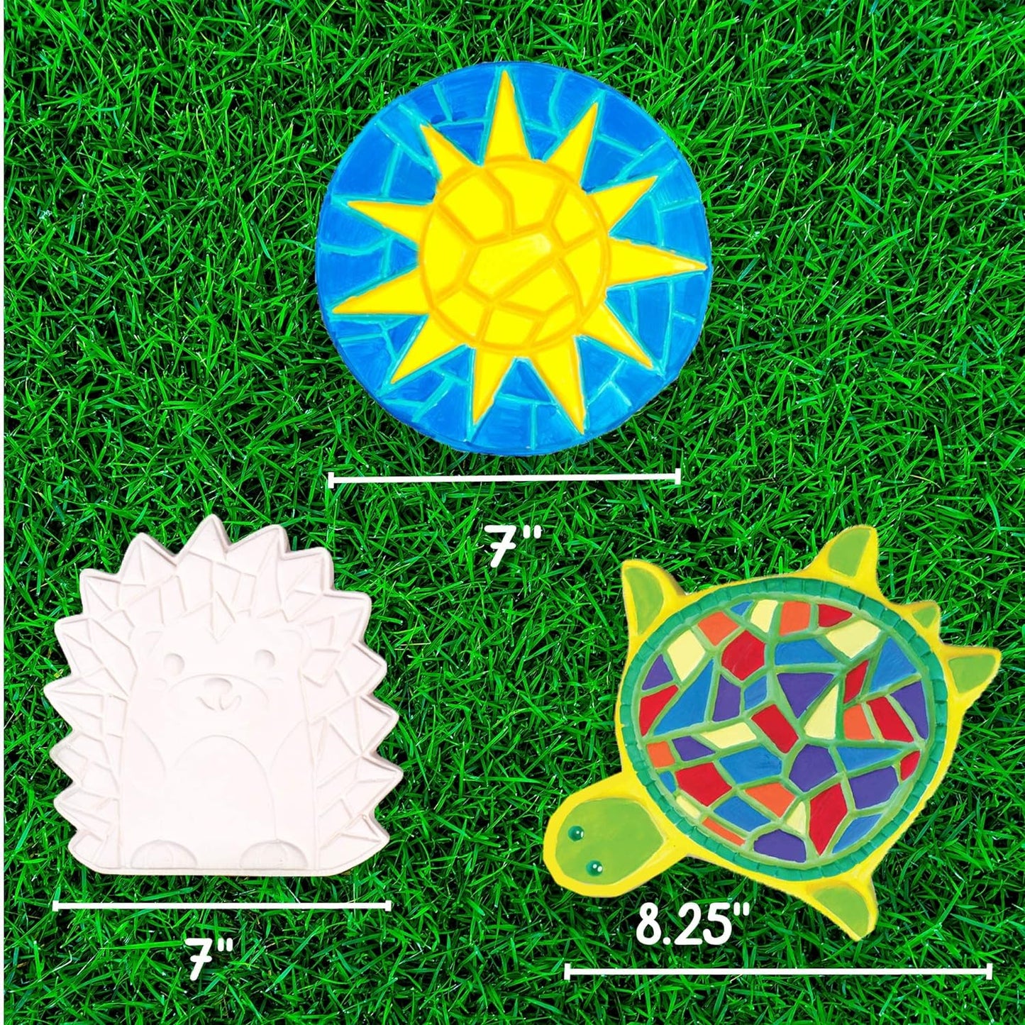 Creative Roots Mosaic Turtle, Hedgehog, & Sun - 3-Pack 7-Inch Ceramic Stepping Stones & 6 Vibrant Paints, Paint Your Own DIY Stepping Stones for Kids Ages 8+