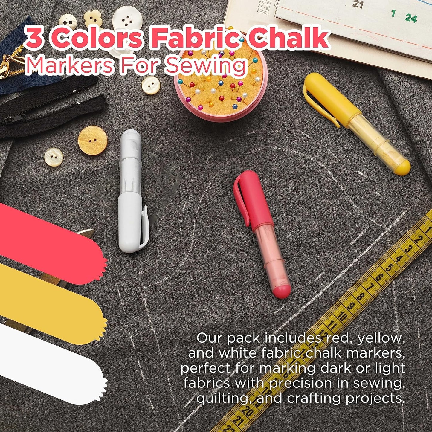 (3-pack) Fabric Chalk Markers -Erase Tailor’s Chalk for Quilting and Sewing - Compatible with Most Fabrics - With Dosing Wheel Technology, Red, Yellow, White