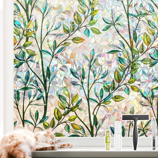 NINETREX Window Privacy Film Stained Glass Window Film 3D Decorative Cling,Sun Blocking Static Cling Removable Film for Glass Door,Home Decor Window Cover Non-Adhesive 11.8 x 78.7 inches,Leaf