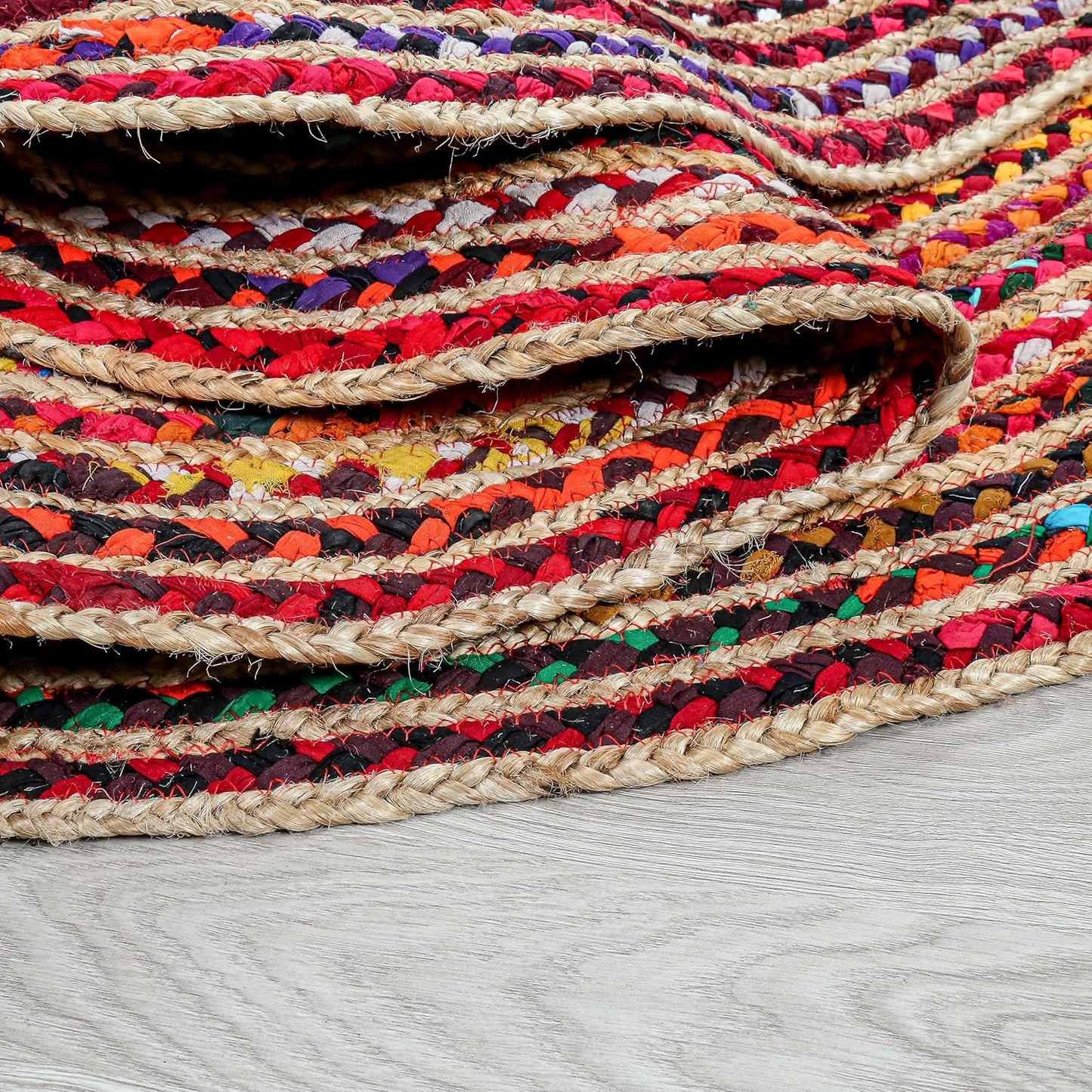 3' Round Handwoven Jute Chindi Area Rug - Colorful Boho Rugs for Living Room - Hand Braided Multicolor Bohemian Rug for Farmhouse, Bedroom, Dining Room, Classroom, Hallway, Kitchen, Office