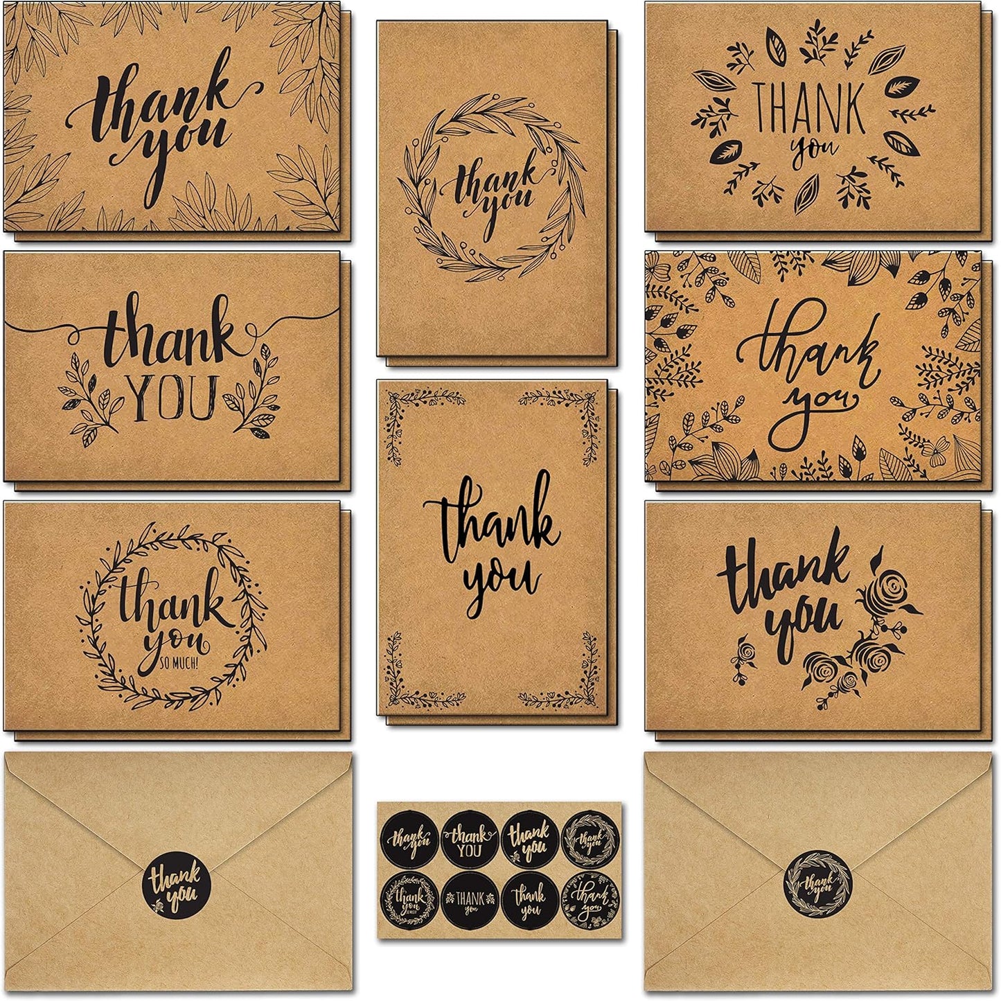 Thank You Cards With Envelopes - 160 Sets Premium Kraft Thank You Cards Bulk - TY Notes with 8 Graceful Designs - Floral Card for Celebration, Wedding, Baby & Bridal Shower 4x6