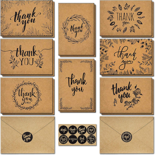 Thank You Cards With Envelopes - 160 Sets Premium Kraft Thank You Cards Bulk - TY Notes with 8 Graceful Designs - Floral Card for Celebration, Wedding, Baby & Bridal Shower 4x6