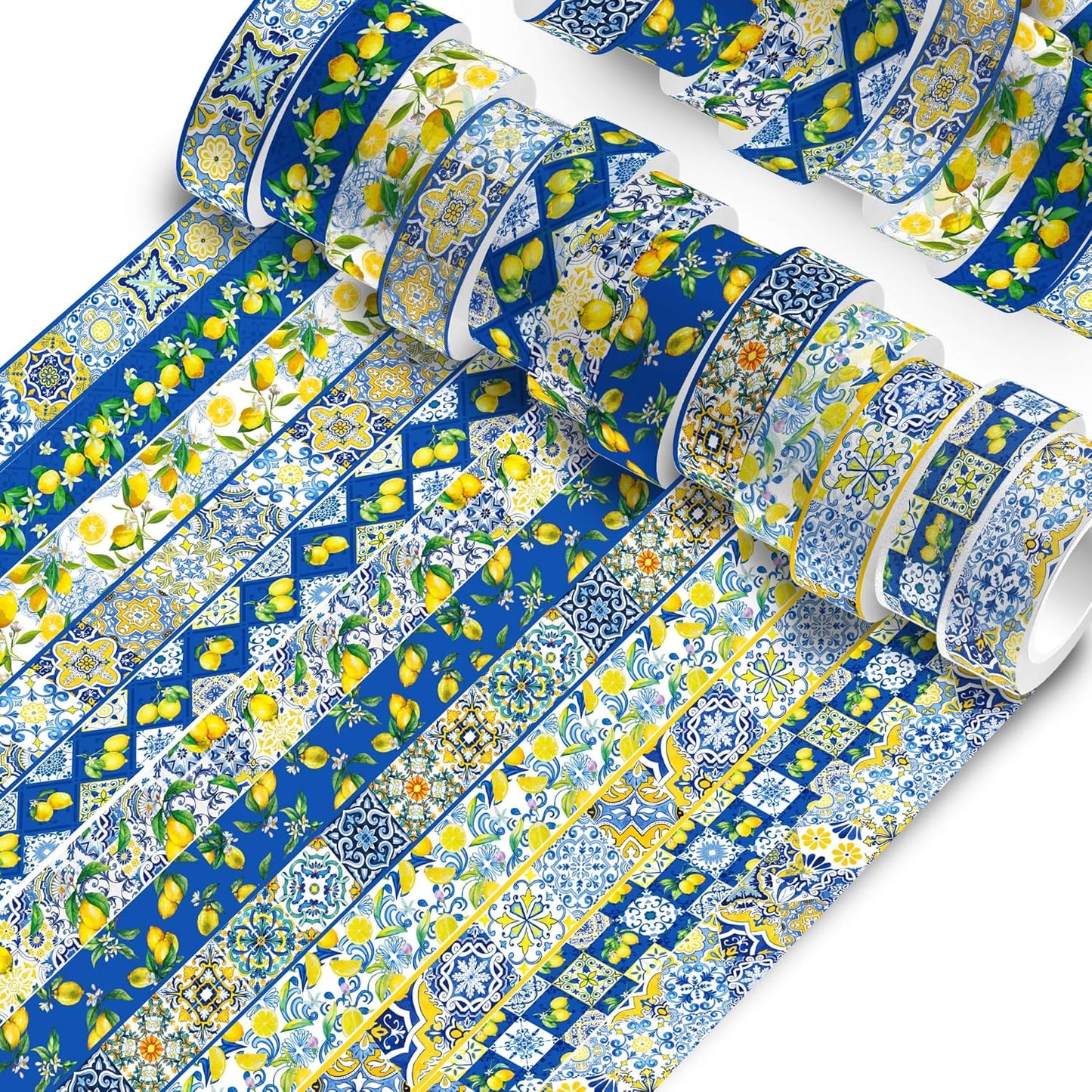 Lemon Washi Tape 12 Rolls, Blue Tiles Yellow Lemon Printed Decorative Washi Tape Set, DIY Art Crafts Wrapping Decor for Gifts Wrapping,Wedding Bridal Shower