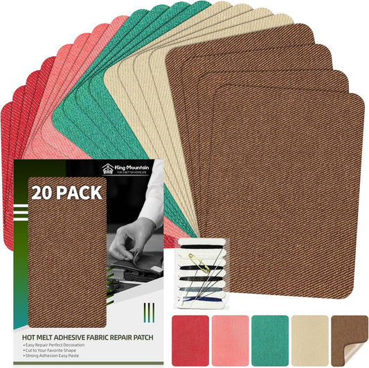 KING MOUNTAIN Iron-on Repair Patch 20 Pcs Pack,Denim Patches for Jeans Kit 3" by 4-1/4", 100% Cotton Denim Iron-on Repair Patch,Jeans and Clothing Repair and Decoration Kit (Five Color 2.0)