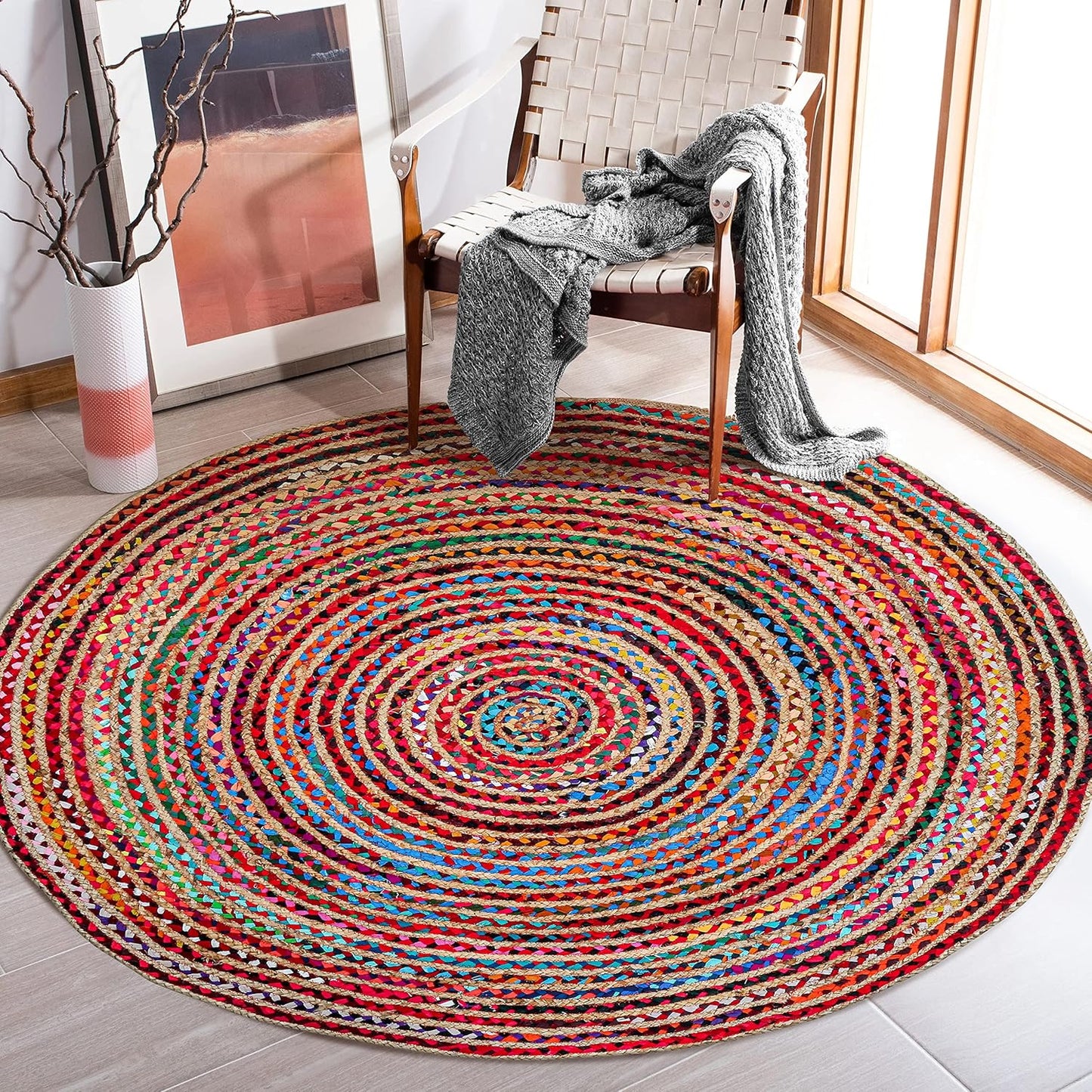 5' Round Handwoven Jute Chindi Area Rug - Colorful Round Boho Rugs for Living Room - Hand Braided Multicolor Bohemian Rug for Farmhouse, Bedroom, Dining Room, Classroom, Hallway, Kitchen