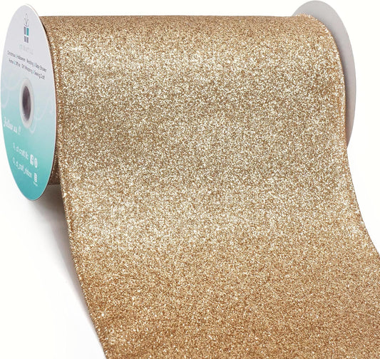 CT CRAFT LLC Glitter Wired Ribbon 6" x 10 Yards Gold (Champagne Gold) for Christmas Home Decor Bow Gift Wrapping DIY Crafts Wreath