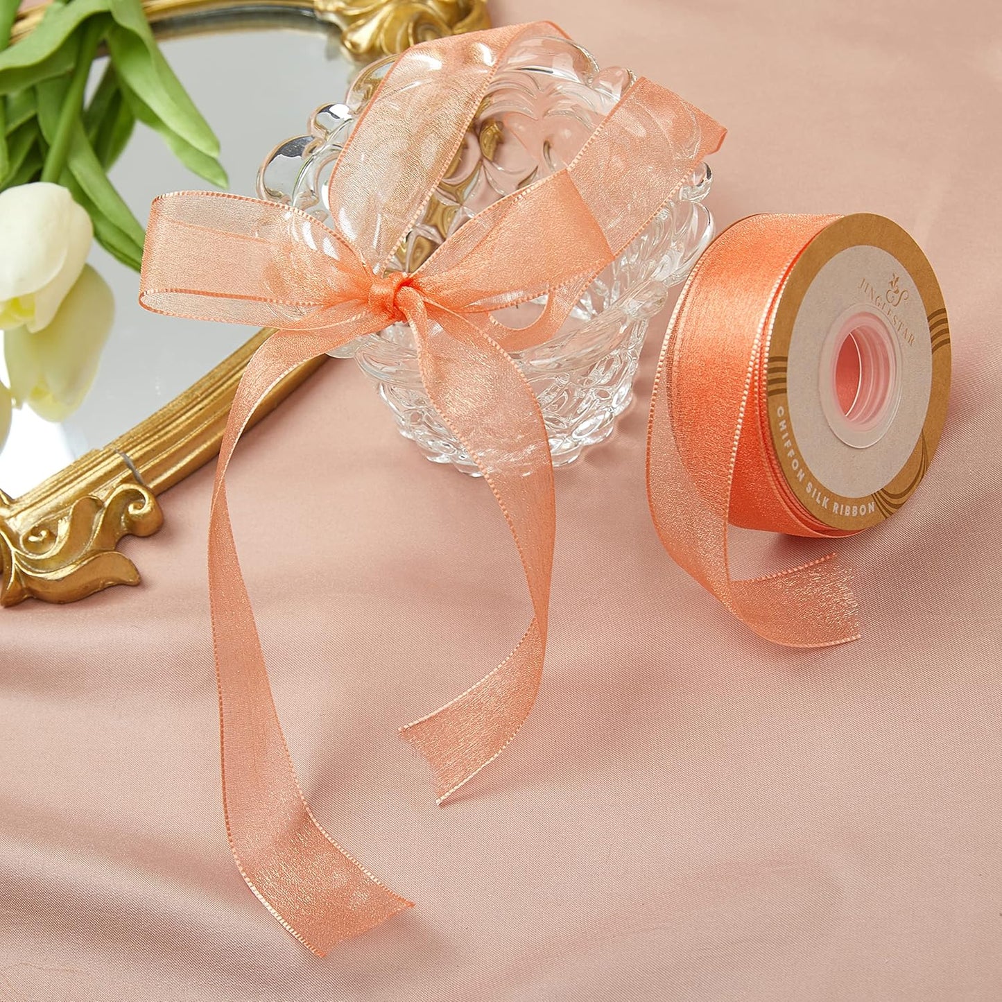 1 Inch Wide Sheer Chiffon Ribbon - Pearl Silk Woven Ribbon Suitable for Gift Wrapping, Wedding Decor, Home Decor, Girl Hair Accessories Handmade DIY (25 Yards/roll) (Tangerine)