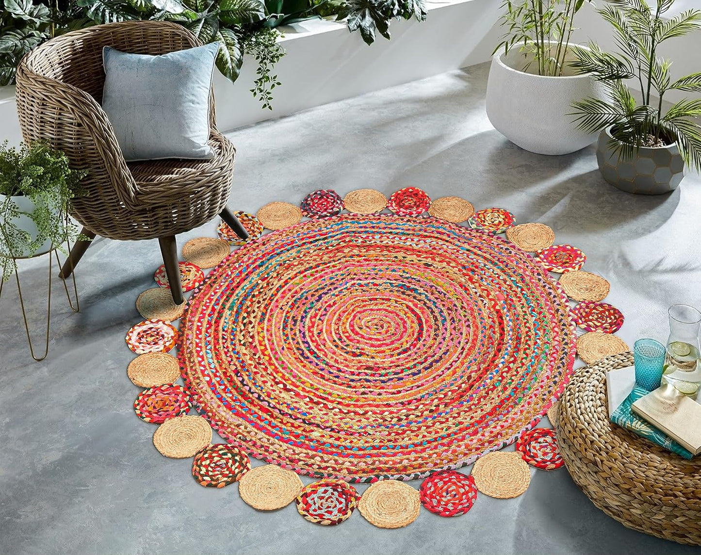 6' Round Handwoven Jute Chindi Area Rug - Colorful Boho Rugs for Living Room - Hand Braided Multicolor Bohemian Rug for Farmhouse, Bedroom, Dining Room, Classroom, Hallway, Kitchen, Office